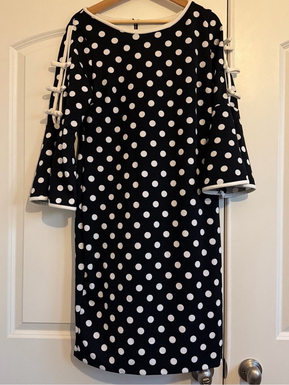 Shelby & Palmer Black and White Polka Dot Midi Dress with Tie-Sleeve Detail